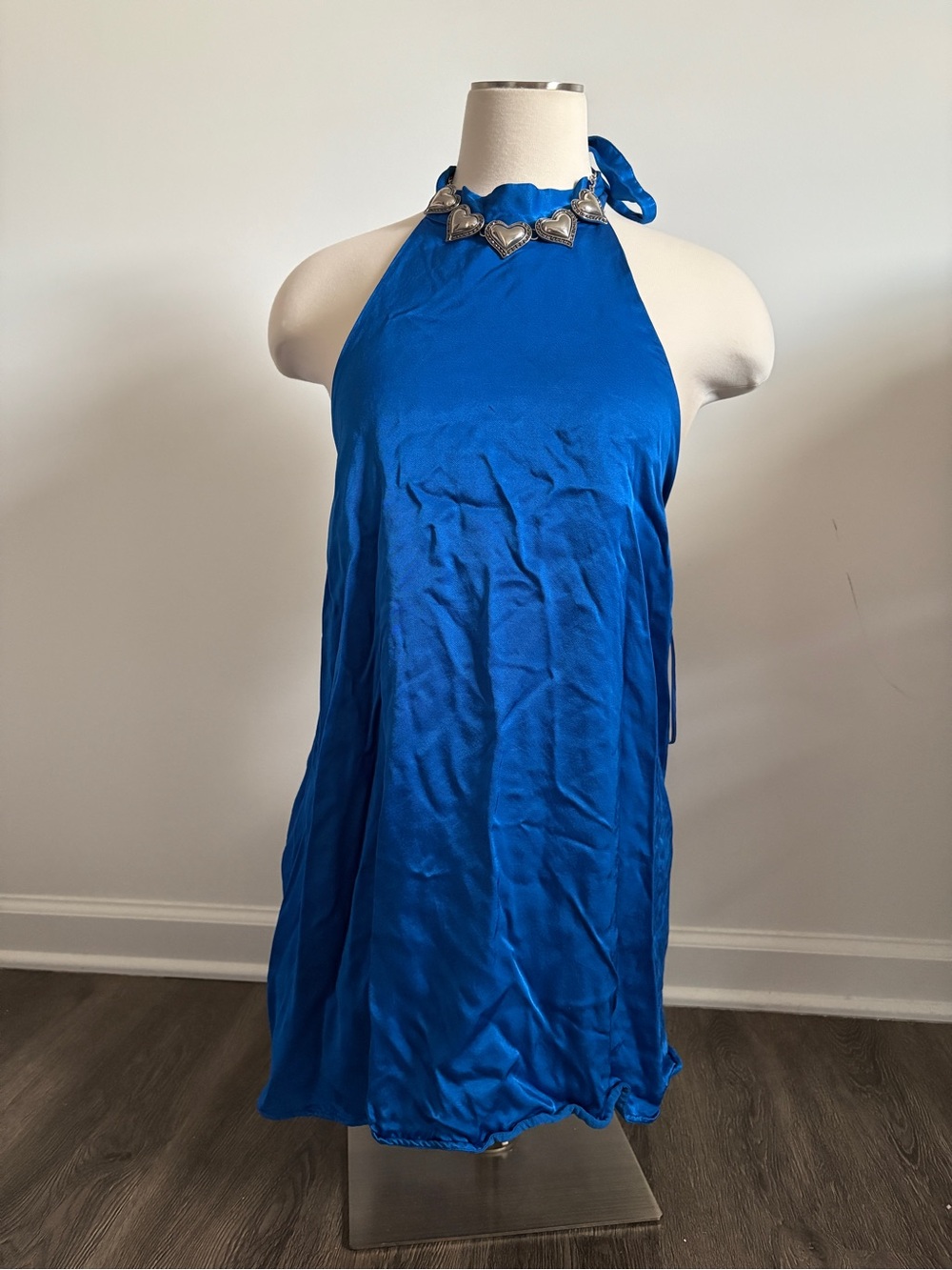 Zara Blue Satin Halter Neck Open Back Dress | M